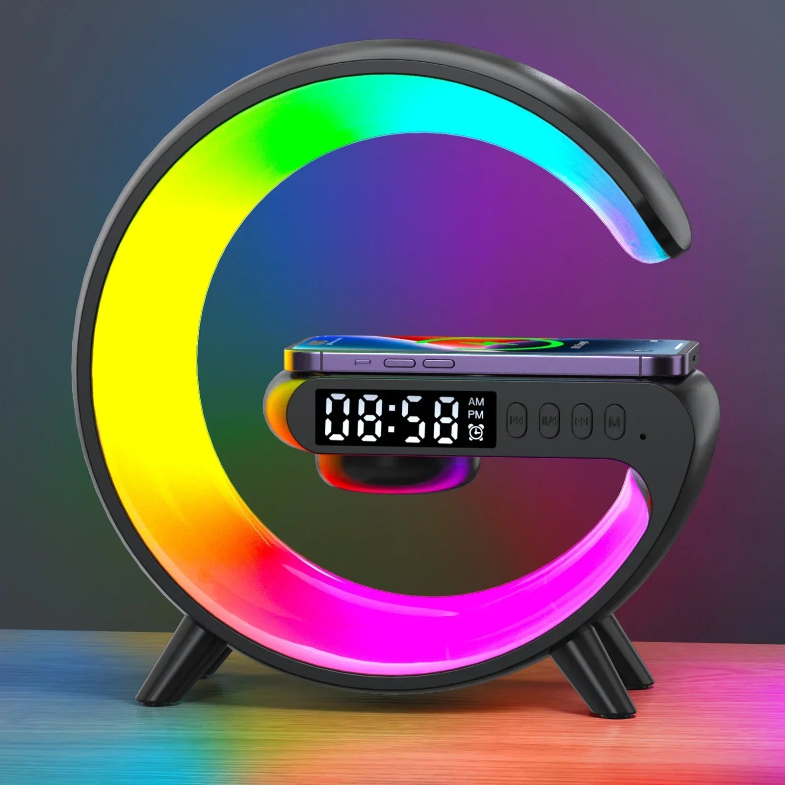 Universal RGB Ladestation LED Kabellose Ladegerät Wecker Bluetooth Lautsprecher | Charging Station Schnellladestation USB C iPhone, Smartphones, Apple iPhone, Samsung, iOS & Android