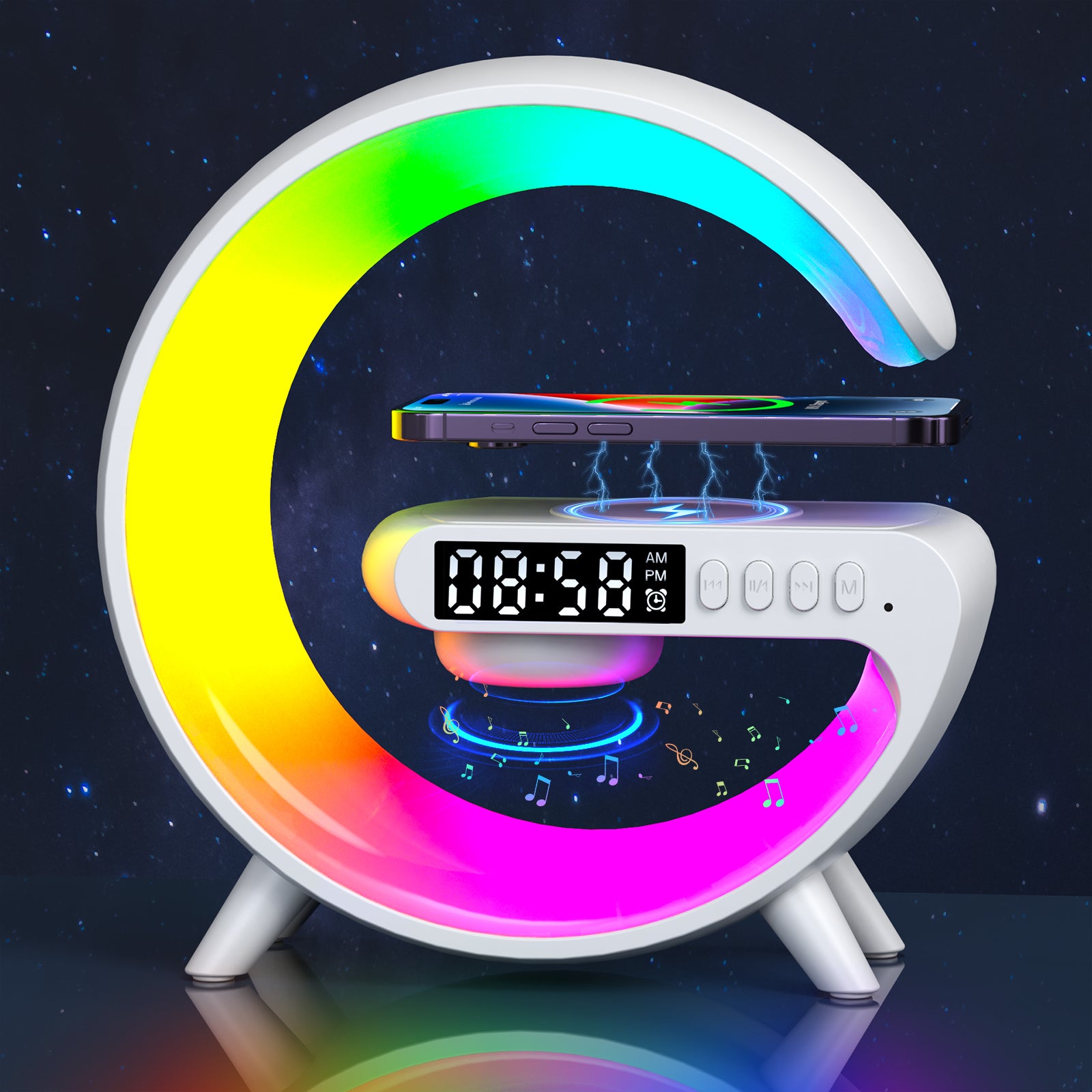 Universal RGB Ladestation LED Kabellose Ladegerät Wecker Bluetooth Lautsprecher | Charging Station Schnellladestation USB C iPhone, Smartphones, Apple iPhone, Samsung, iOS & Android