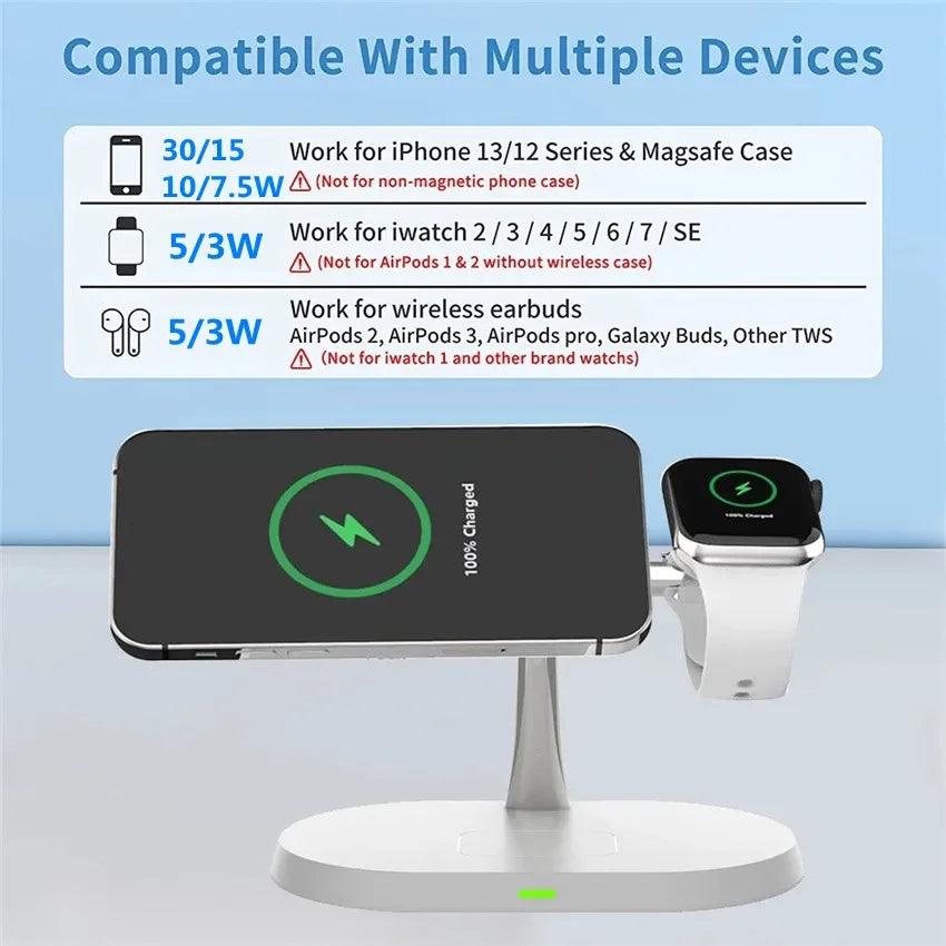 3-in-1 Premium Ladestation: Kabelloses Ladegerät für Watch Serie 9/8/7 & AirPods | Wireless Fast Charging Station Dockingstation für Smartphones, Apple iPhone, Samsung, iOS & Android