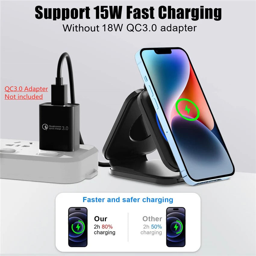 3-in-1 Faltbare Schnell Ladestation, Doppel Magnetisches 15W Kabelloses Ladegerät MagSafe | Tragbare Charging Station für Apple iPhone, AirPods, Watch - Phone Heaven Zone