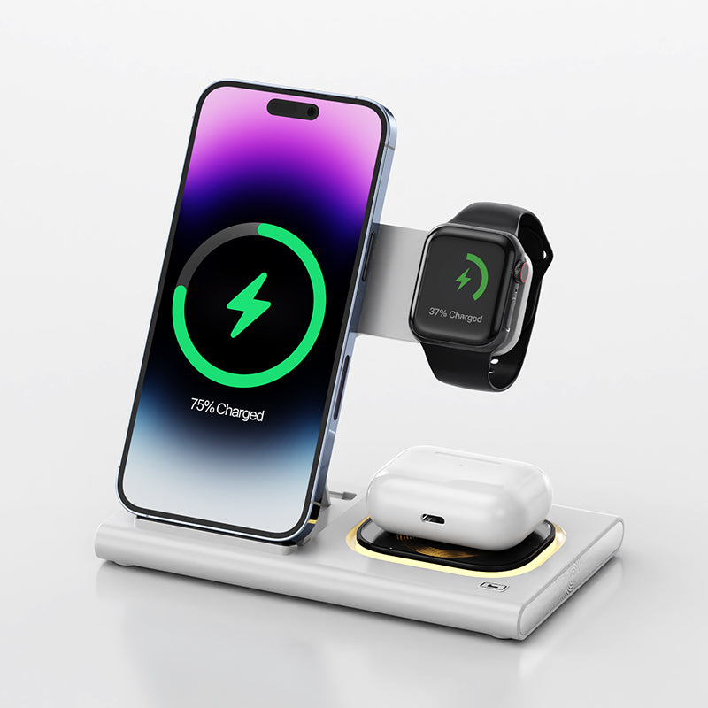 15W 3-in-1 Magnetisches Kabelloses Ladegerät-Standpad | für Smartphones, Apple iPhone, Samsung, iOS & Android AirPods | Wireless Fast Charging Dockingstation