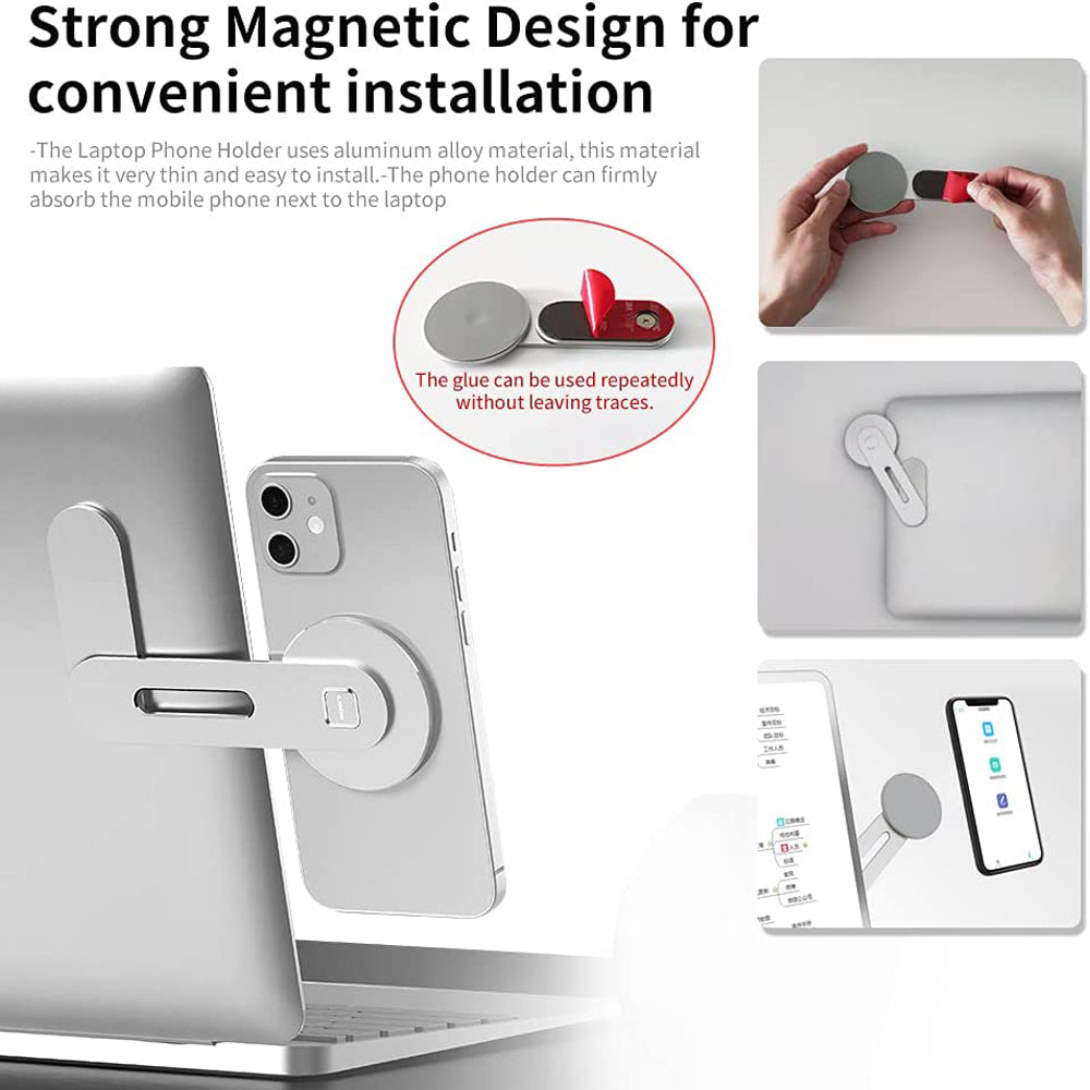 Premium Magnetischer Laptop-Telefon Handyhalter für Computermonitor, Seitenmontage, Laptop, MacBook | MagSafe, schlank und faltbar, kompatibel mit Smartphones, Apple iPhone, Samsung, iOS &amp; Android