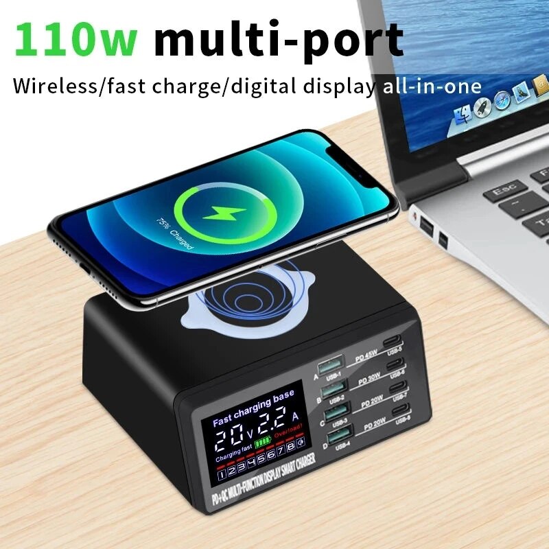 Ladestation Kabellose Schnell Ladegerät Digital | Wireless Charging Station iPhone, Samsung, Android, Handy, Tablet