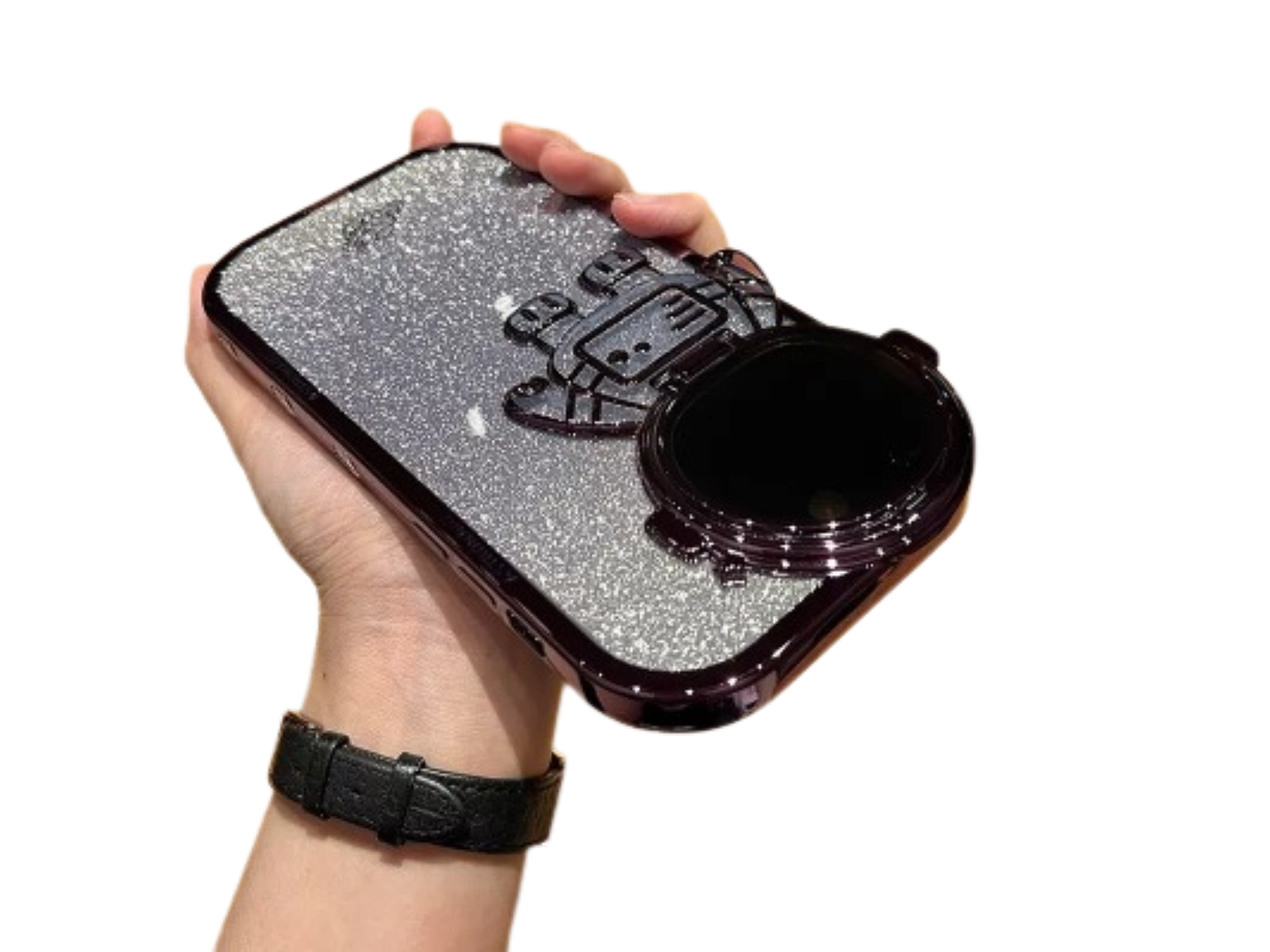 Astronauten-Hülle mit Glitzerfilm und Objektivständer-Kameraschutz | Premium-Schockabsorbierende weiche TPU-Rückseite für Apple iPhone 16/15/14/13/12 Pro Max