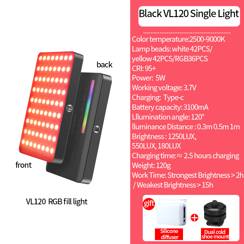 Luxury VL120 RGB LED Video Light for Camera, Smartphones, Apple iPhone, Samsung, iOS & Android Apple iPhone 15/14/13/12/11 Pro Max/Plus/Mini, Samsung, Android, Full Color, Dimmable, 2500-9000K, Rechargeable, 3100mAh, Limited Edition Studio Lamp