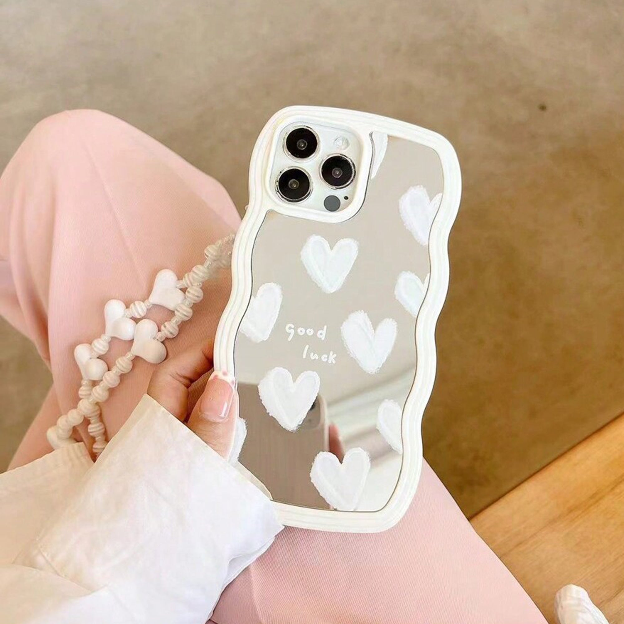 Beautiful White Heart Design Makeup Mirror iPhone Case | MagSafe-Compatible Protective Case with 360-Degree Protection and Camera Lens Cover for Apple iPhone 16/15/14/13/12 Pro Max, Plus, Mini Cover | Armor Case and Bumper Cover