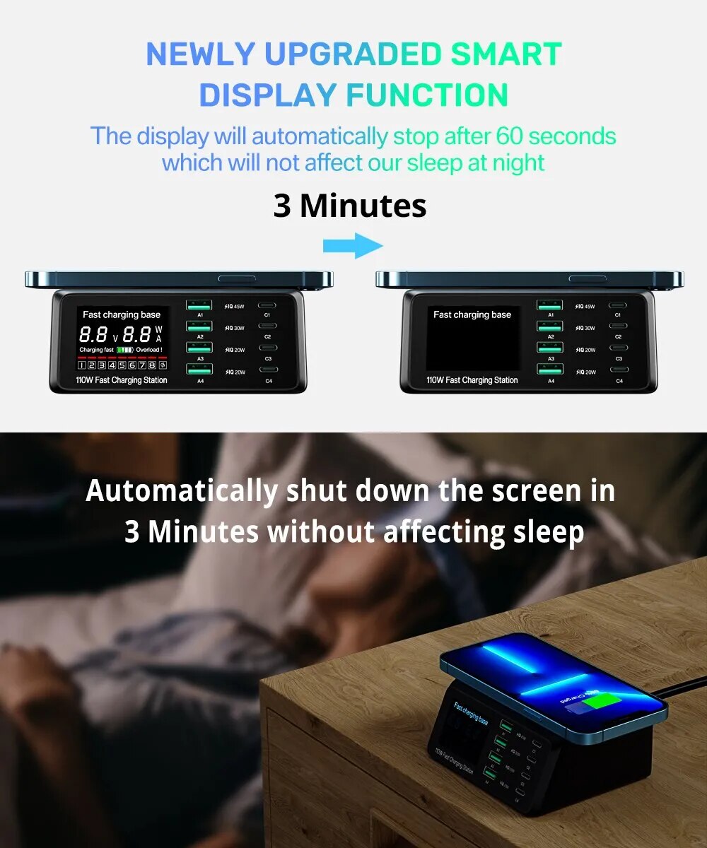 Ladestation Kabellose Schnell Ladegerät Digital | Wireless Charging Station iPhone, Samsung, Android, Handy, Tablet