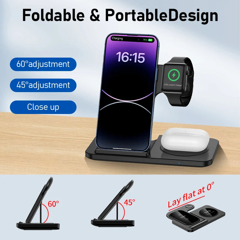 3 in 1 Kabelloses Schnell Ladestation 30W Faltbare Ladegerät LED Ladeständer: Charging Station MagSafe Dockingstation für Smartphones, Apple iPhone, Samsung, iOS & Android Watch, AirPods