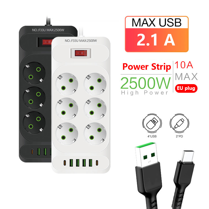 Premium EU-Stecker-Steckdosenleiste 2 m Verlängerungskabel Multiprise 3 AC-Steckdosen mit 4 USB 1 Typ-C | Premium-Netzwerkfilter und  Ladegerät Smartphones, Apple iPhone, Samsung, iOS & Android