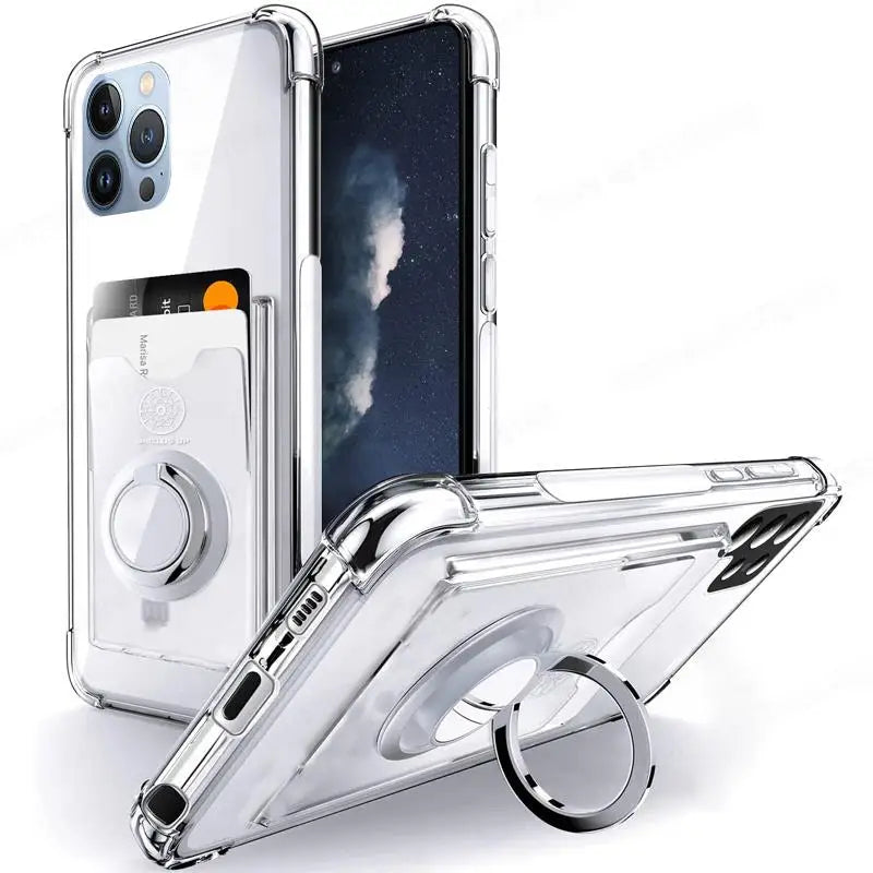 Premium Transparente Handyhülle mit Magnetringhalter und Kartenfach für Apple iPhone 15/14/13/12/11 Pro Max/Plus/Mini | 