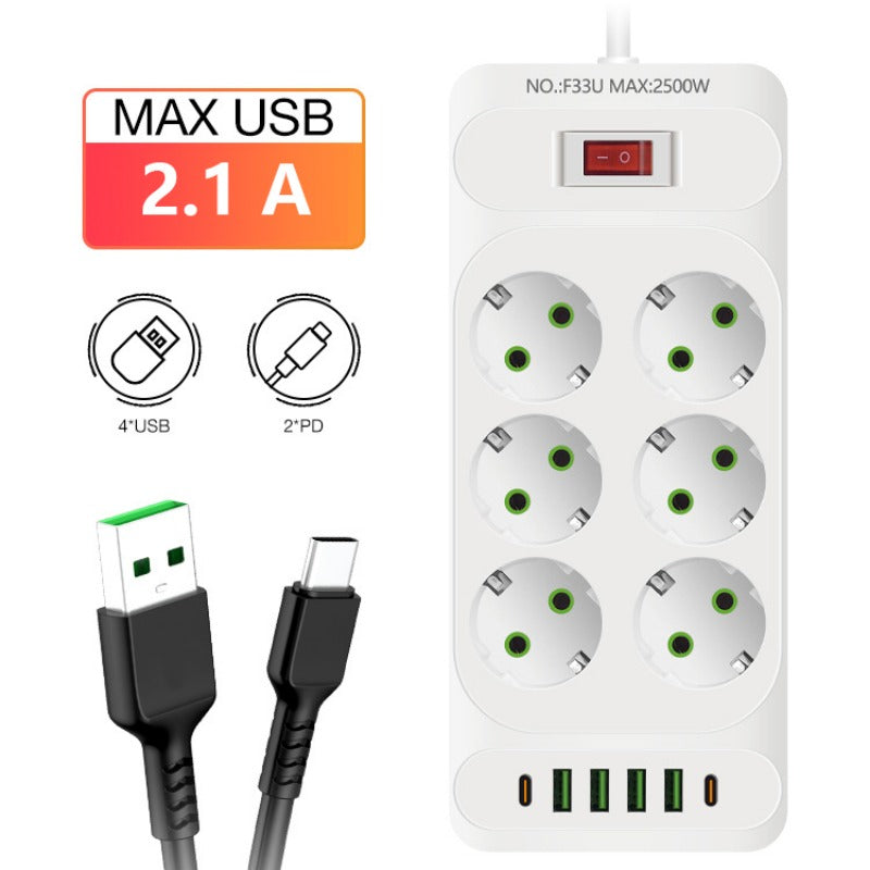 Premium EU-Stecker-Steckdosenleiste 2 m Verlängerungskabel Multiprise 3 AC-Steckdosen mit 4 USB 1 Typ-C | Premium-Netzwerkfilter und  Ladegerät Smartphones, Apple iPhone, Samsung, iOS & Android