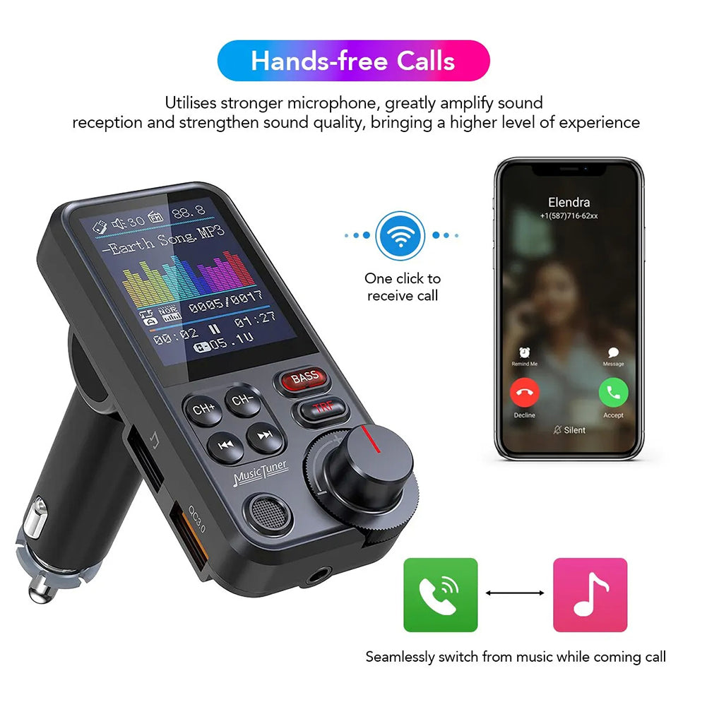 Premium Auto-USB Handy Ladegerät & Bluetooth-FM-Transmitter | Unterstützt QC 3.0-Ladung, Klangregelung, Musikspieler für Treble und Bass Smartphones, Apple iPhone, Samsung, iOS & Android