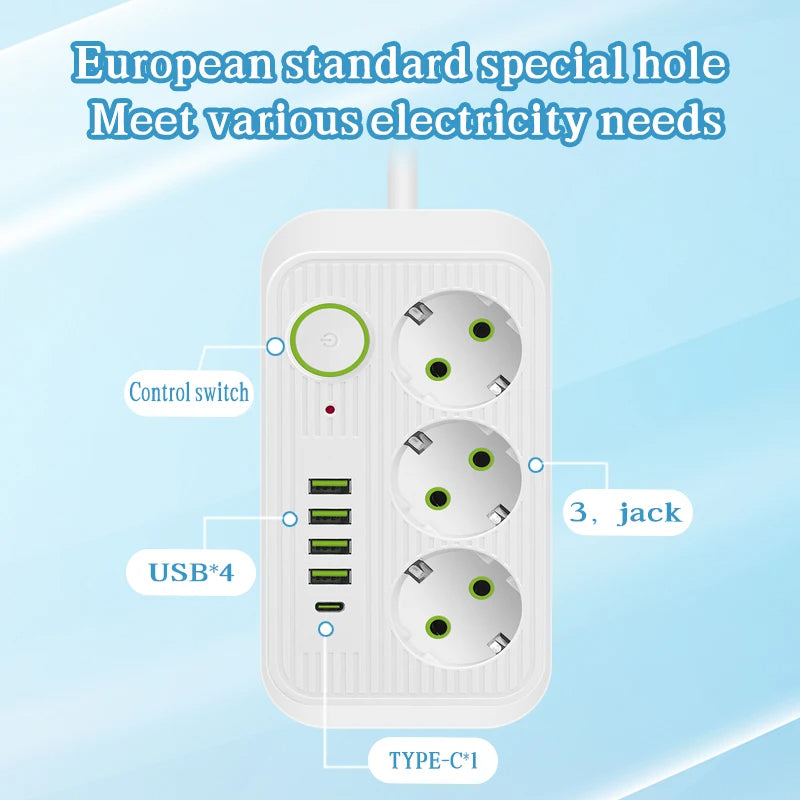 Premium EU-Stecker-Steckdosenleiste 2 m Verlängerungskabel Multiprise 3 AC-Steckdosen mit 4 USB 1 Typ-C | Premium-Netzwerkfilter und  Ladegerät Smartphones, Apple iPhone, Samsung, iOS & Android