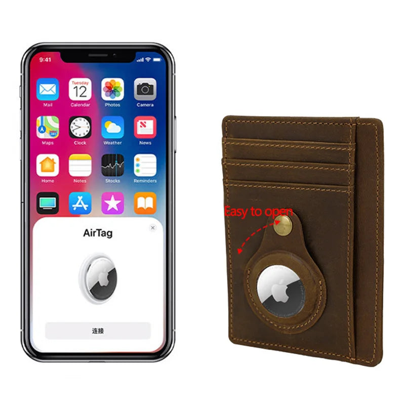 Leder-Geldbörsen-Etui für Apple AirTag | Multifunktionaler Kartenhalter, 1x Handyhalter, 1x E-Book mit iPhone-Tipps, 1x 20% Rabattgutschein