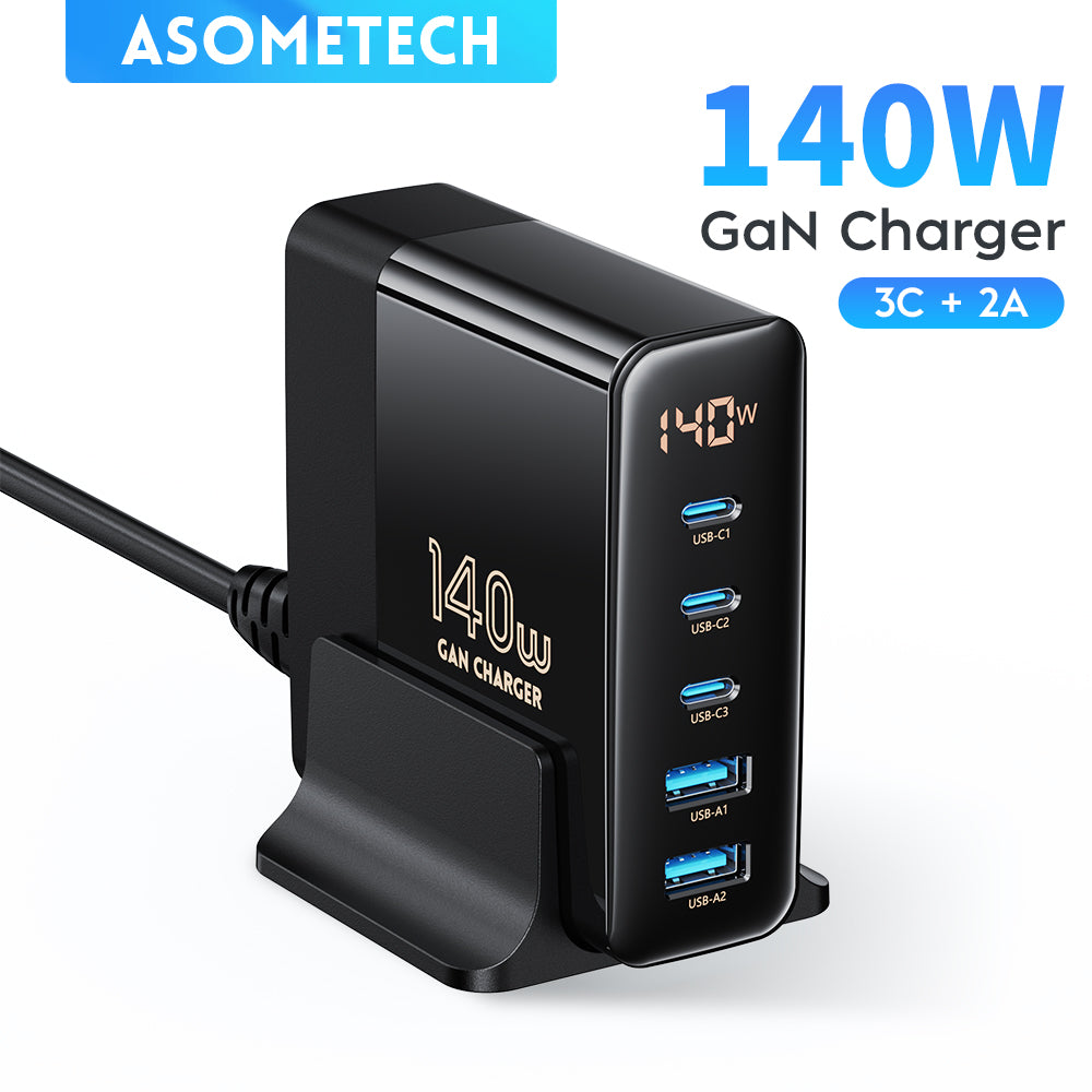 140W GaN Schnellladegerät: Premium Desktop-Ladestation | 5 USB-Anschlüsse Charging Station Dockingstation ASOMETECH | Laptop, MacBook, Smartphones, Apple iPhone, Samsung, iOS & Android