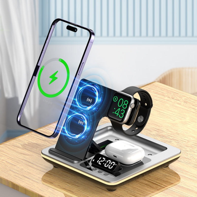 5-in-1 Kabellose Schnellladestation 30W Premium mit LED | Wireless Fast Charging Dock, Ladegerät mit Ständer und Wecker für Smartphones, Apple iPhone, Samsung, iOS & Android Watch, AirPods