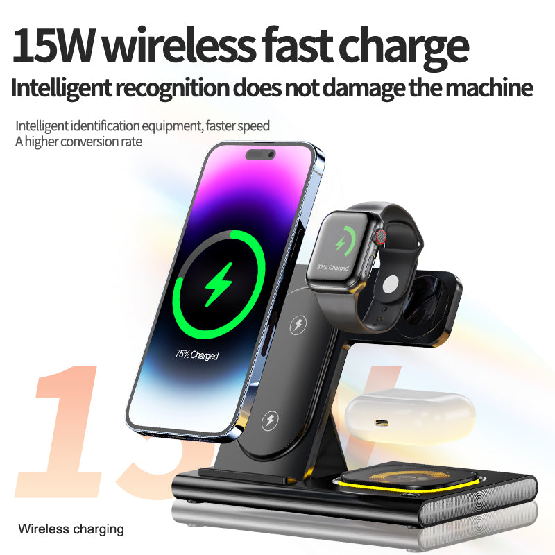 15W 3-in-1 Magnetisches Kabelloses Ladegerät-Standpad | für Smartphones, Apple iPhone, Samsung, iOS & Android AirPods | Wireless Fast Charging Dockingstation