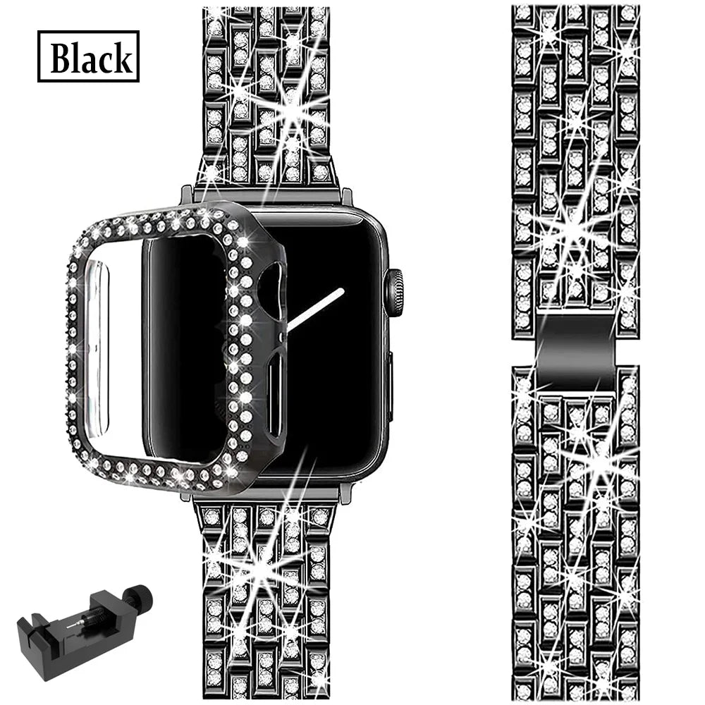 Luxus Premium Hülle Glitzer-Metallarmband & Diamant-Gehäuse für Apple Watch Serie 10/9/8/7/6/5/4/3/2/1 & Ultra 2/1, SE: 2024, 2023, 2022, 2021, 2020, 2019, 2018, 2017, 2016: 49mm, 45mm, 41mm, 40mm, 44mm, 42mm | Case & Cover, iWatch Armband