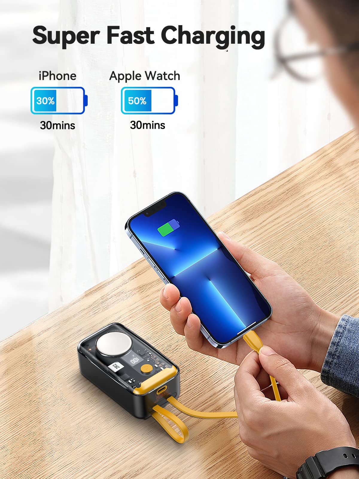 Hochwertiges Drahtlose Power Bank PD20W für iWatch S1-S9 & Apple iPhone mit eingebautem Kabel, 10000mAh tragbare Batteriequelle für Smartphones, Apple iPhone, Samsung, iOS & Android Huawei, Xiaomi,