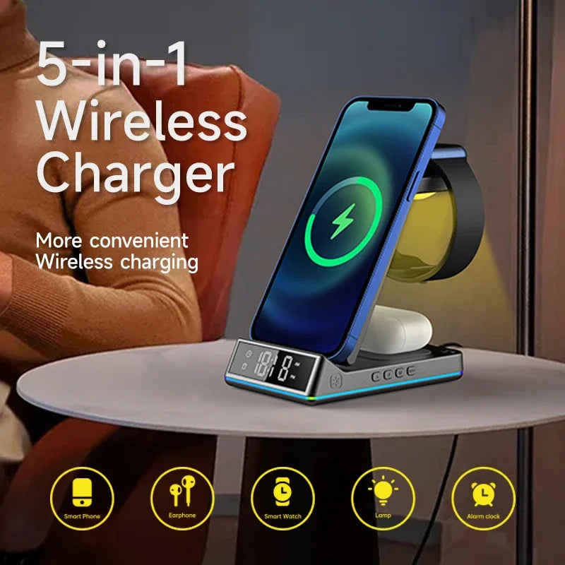 5-in-1 Kabellose Schnellladestation 30W Premium mit LED | Wireless Fast Charging Dock, Ladegerät mit Ständer und Wecker für Smartphones, Apple iPhone, Samsung, iOS & Android Watch, AirPods