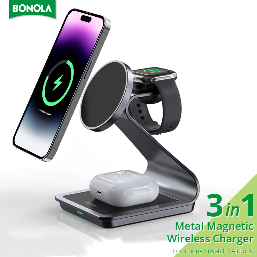 Premium 3 in 1, 30W Magnet Wireless-Ladestation | Kabelloser Charger für Smartphones, Apple iPhone, Samsung, iOS & Android Apple Watch/AirPods | Schnellladegerät Dockingstation