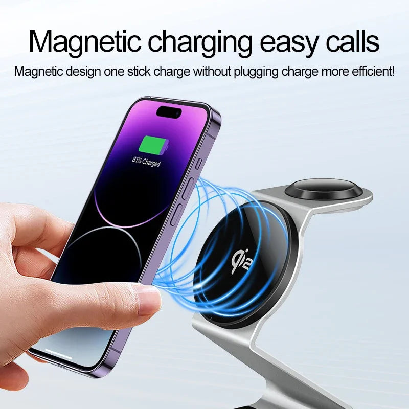 3 In 1 Faltbarer Magnetischer Ladestation 15W Kabellose Ladegerät Aluminium Schnellladestation Dockingstation Wireless Charging Station Smartphones, Apple iPhone, Samsung, iOS & Android