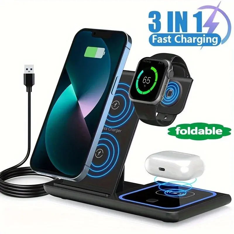 3 in 1 Kabelloses Schnell Ladestation 30W Faltbare Ladegerät LED Ladeständer: Charging Station MagSafe Dockingstation für Smartphones, Apple iPhone, Samsung, iOS & Android Watch, AirPods