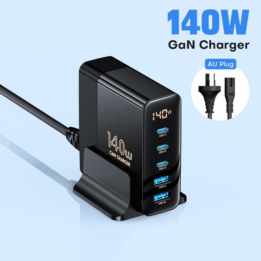 140W GaN Schnellladegerät: Premium Desktop-Ladestation | 5 USB-Anschlüsse Charging Station Dockingstation ASOMETECH | Laptop, MacBook, Smartphones, Apple iPhone, Samsung, iOS & Android