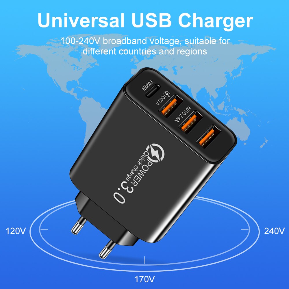 Ladegerät USB C - Schnellladung Smartphones iPhone, iOS, Xiaomi, Samsung, Huawei & Android - mit 3 USB & 1 Type-C Anschluss