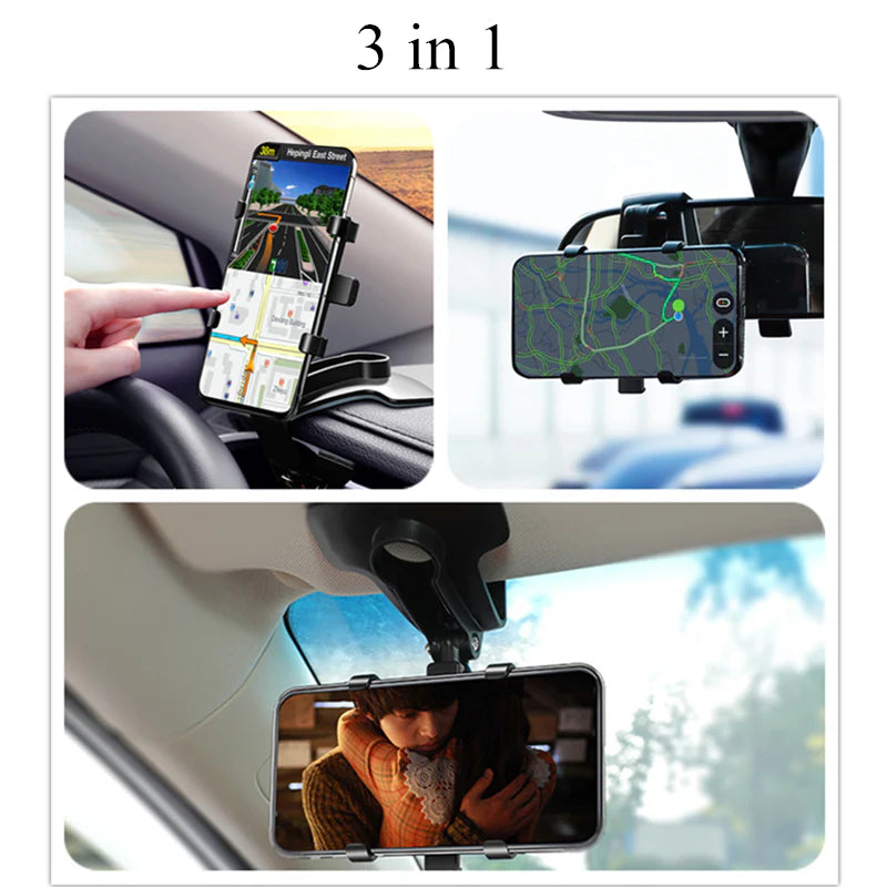 Premium 3-in-1 Adjustable Car Phone Holder for Apple iPhone | Dashboard, Rearview Mirror & Sun Visor Mount - Lightweight & Universal for 3-7 inch Phones
