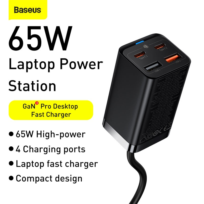 Premium 65 W Gan Ladegerät Desktop Schnellladestation | 4-in-1 Laptop & Handy Adapter für Smartphones, Apple iPhone, Samsung, iOS & Android Xiaomi,- Schnellladen