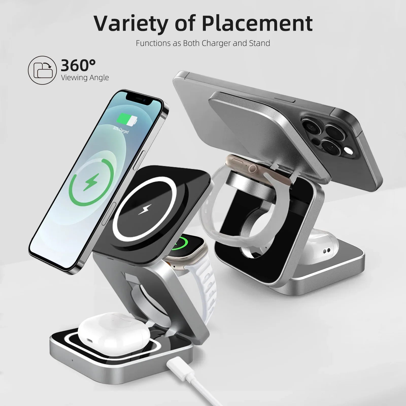 PowerTube Schnellladestation: Premium Ladegerät & Telefonhalter mit Lautsprecher | MagSafe Wireless Fast Charging Dockingstation für Smartphones, Apple iPhone, Samsung, iOS & Android Watch & AirPods