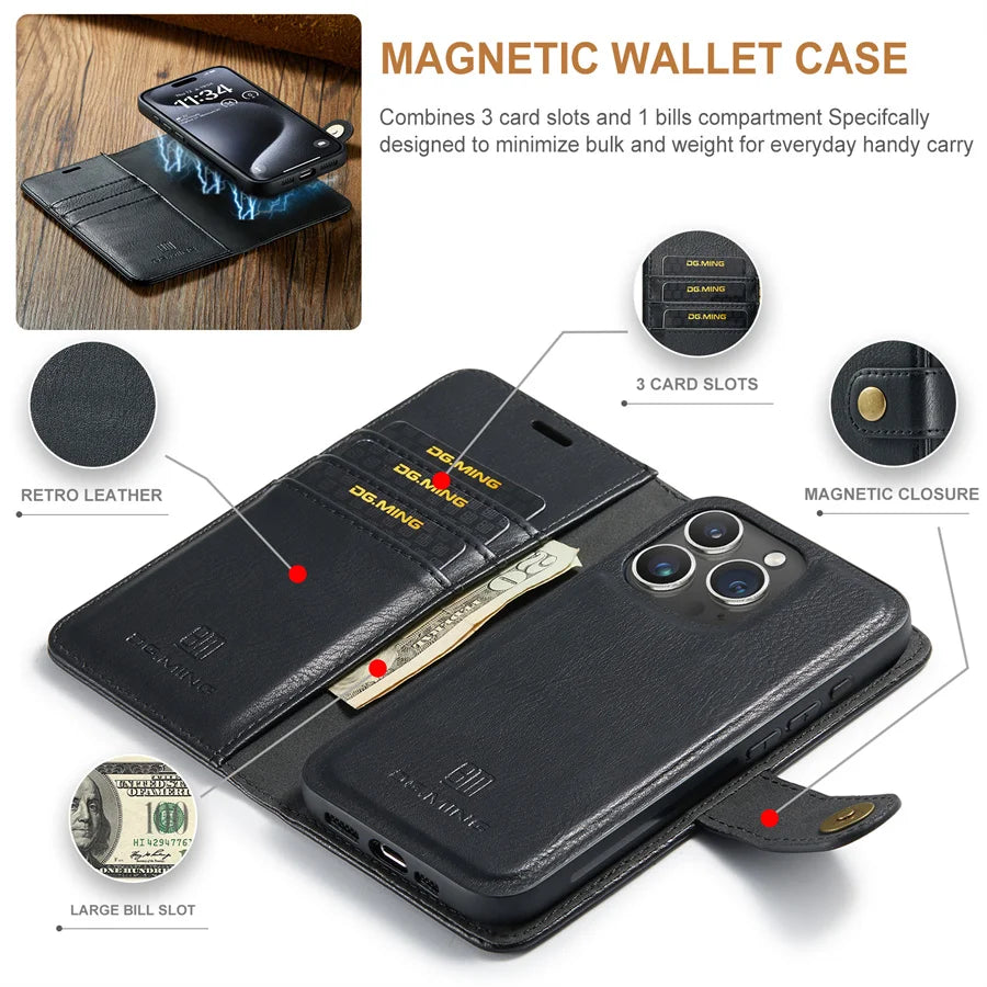 Hochwertige Abnehmbare Magnetische Leder iPhone Hülle | MagSafe Case mit Brieftasche & Kartenhalter für Apple iPhone 16/15/14/13/12 Pro Max, Plus, Mini - Rundumschutz Cover mit Kameralinsenschutz | Panzertasche & Wallet Schutzhülle