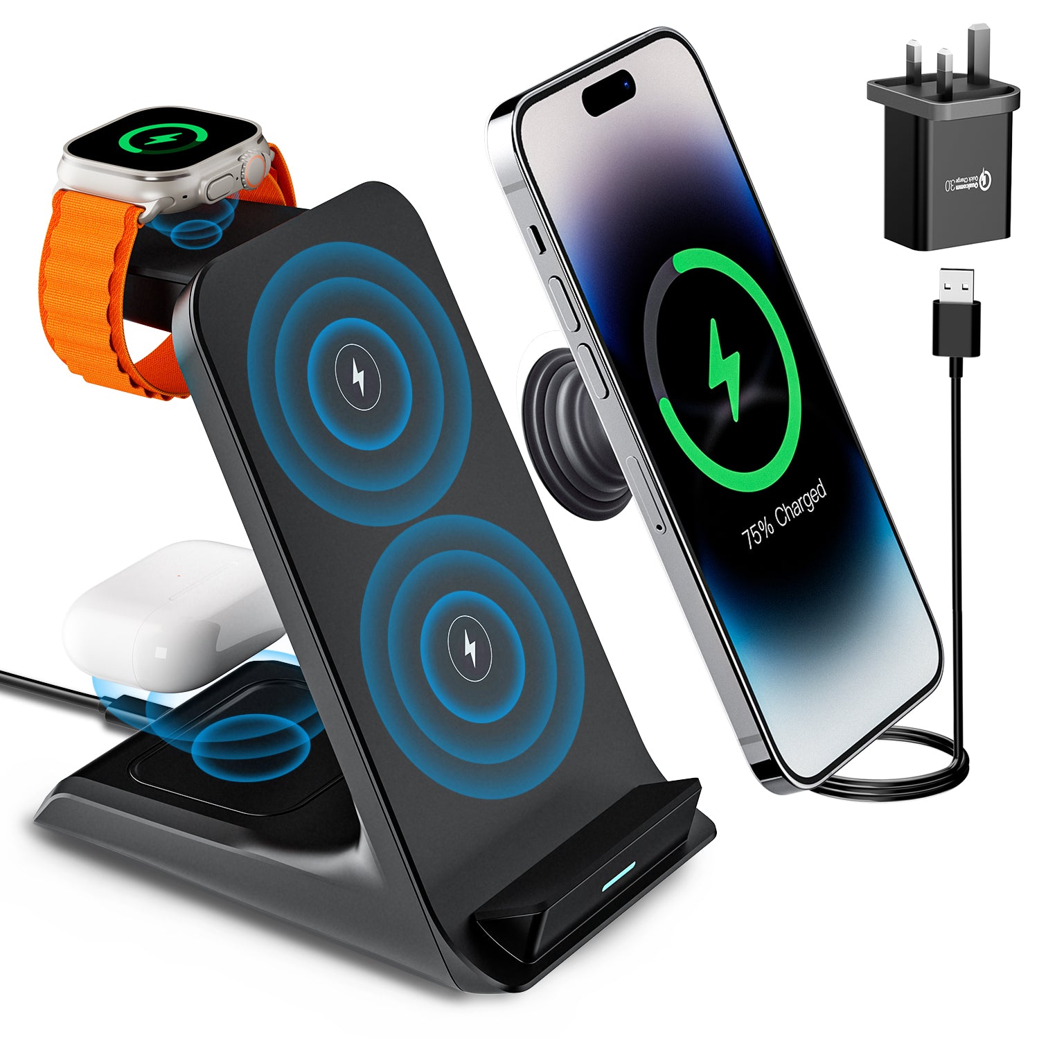 Premium 3 in 1, 30W Magnet Wireless-Ladestation | Kabelloser Charger für Smartphones, Apple iPhone, Samsung, iOS & Android Apple Watch/AirPods | Schnellladegerät Dockingstation