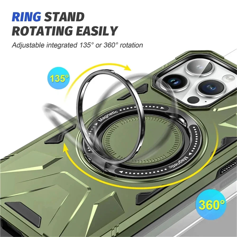 High-Quality Military Tank iPhone Case with 360-Degree Rotatable Ring Stand Holder | MagSafe Case with Camera Protector for Apple iPhone 16/15/14/13/12 Pro Max Plus Mini Cover | Magnetic Wireless Charging, Hard PC Armor Case, Shockproof Phone Case