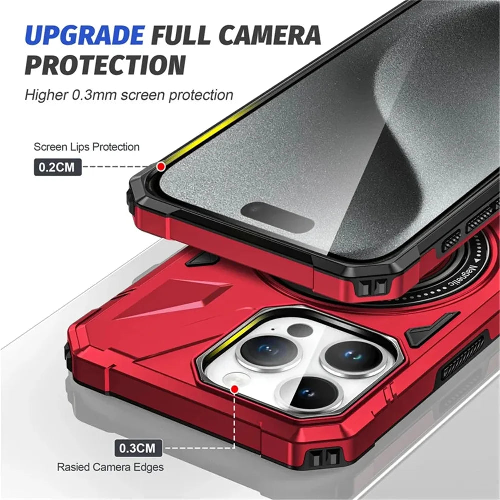 High-Quality Military Tank iPhone Case with 360-Degree Rotatable Ring Stand Holder | MagSafe Case with Camera Protector for Apple iPhone 16/15/14/13/12 Pro Max Plus Mini Cover | Magnetic Wireless Charging, Hard PC Armor Case, Shockproof Phone Case