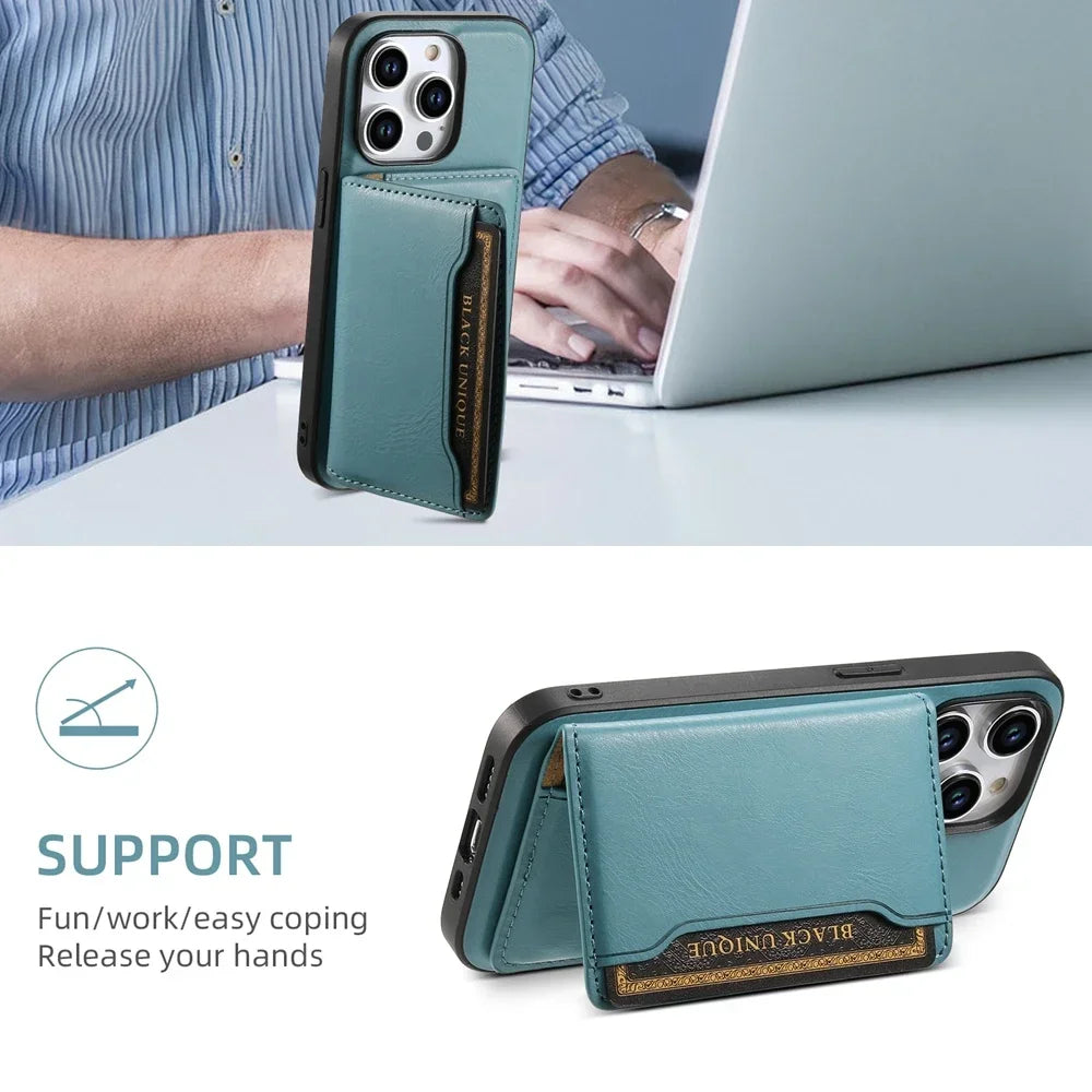 Premium Leder Magnetische Geldbörse mit Kartenhalter iPhone Hülle | MagSafe Case für Apple iPhone 16/15/14/13/12 Pro Max, Plus, Mini - Rundumschutz Cover mit Kameralinsenschutz | Panzertasche Handyhülle | Wallet Schutzhülle