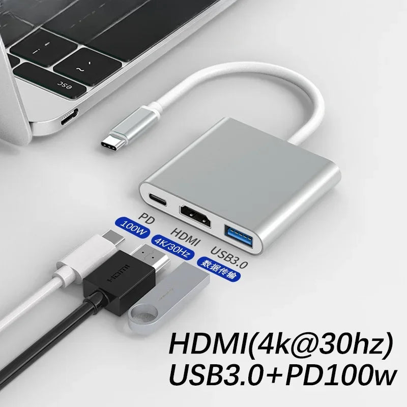 3-in-1 USB-C Hub: Type-C to HDMI Splitter, High-Quality USB 3.0 Docking Station for MacBook Air/Pro/M3/M2/M1: 16,14,13-inch | 2024/2023/2022/2020 Series - USB-C to HDMI Hub