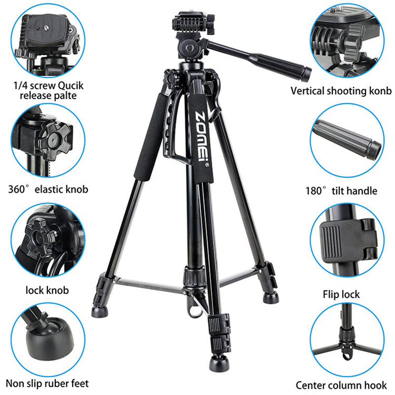 Professional Aluminum Travel Tripod, 140 cm for Videography & Photography: Quick Plate Mounting, Suitable for Smartphones, Apple iPhone 15/14/13/12/11 Pro Max/Plus/Mini, Samsung, Android, GoPro, Canon/Nikon DSLR/SLR