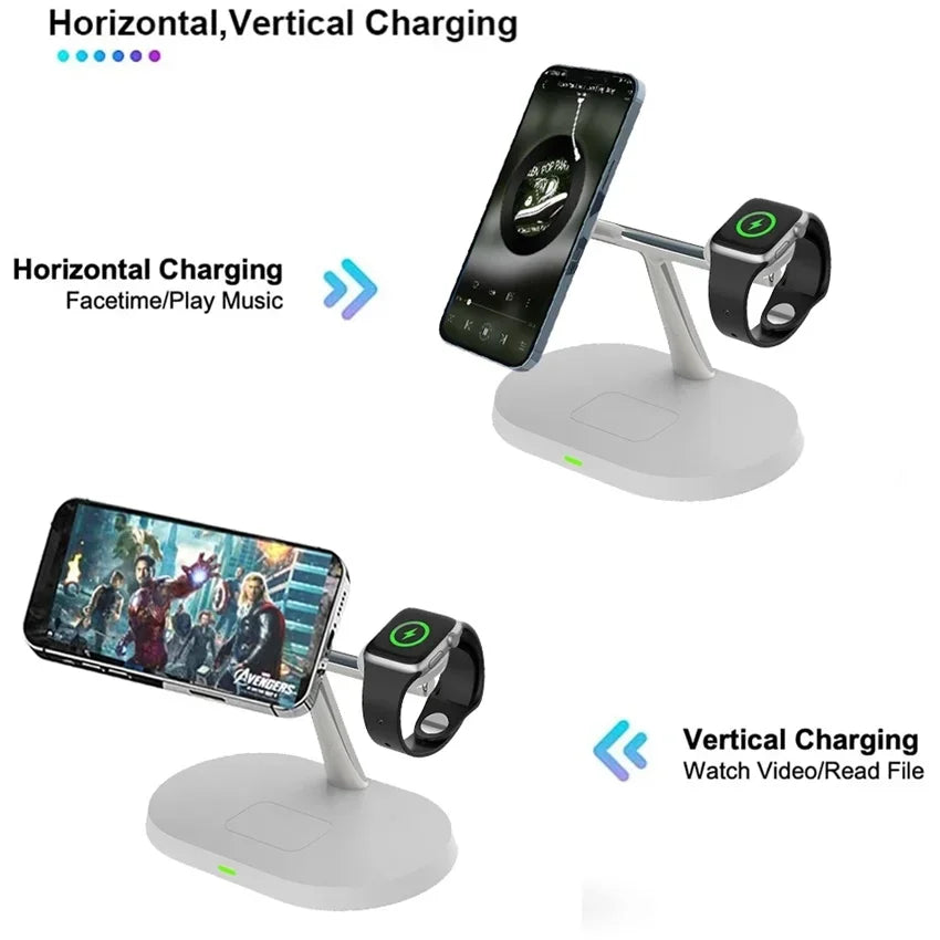 5-in-1 Magnetischer Kabelloser Ladeständer für Smartphones, Apple iPhone, Samsung, iOS & Android Apple Watch 9/8/7, AirPods | Schnelle Wireless-Charging-Dockingstation