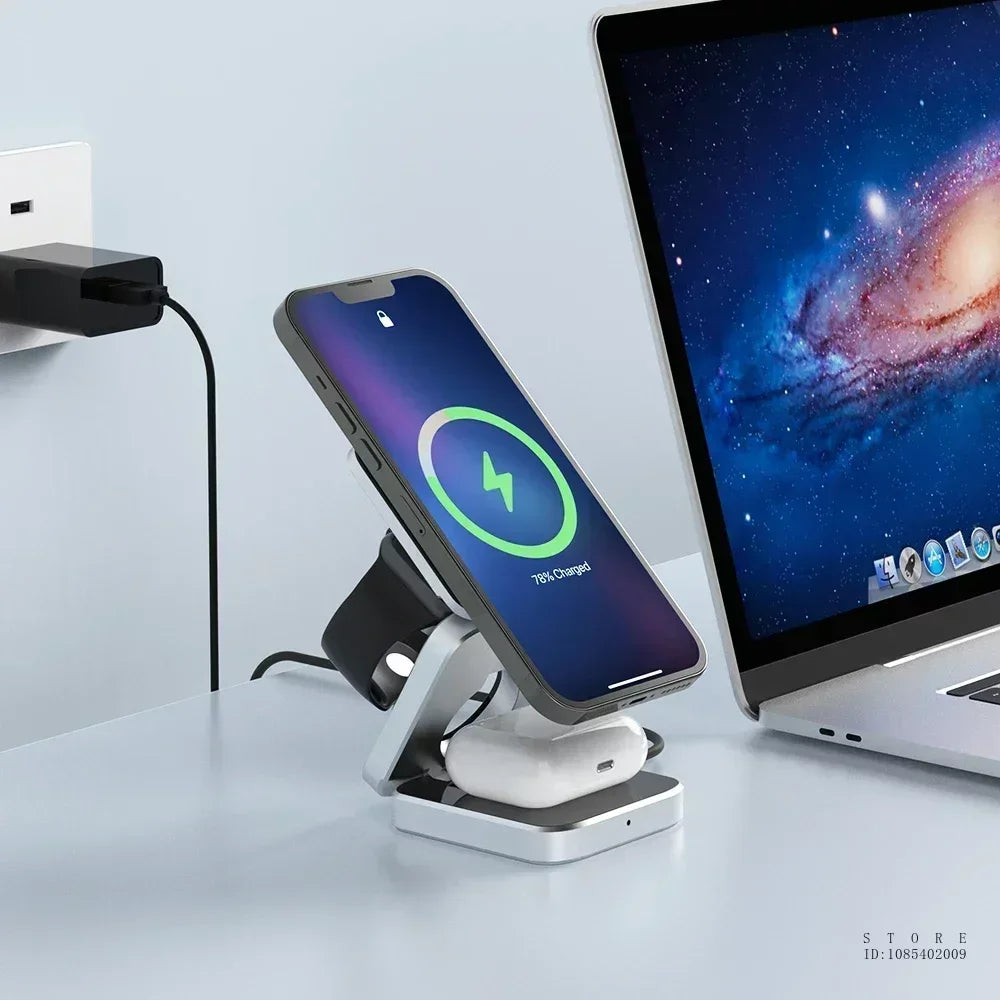 PowerTube Schnellladestation: Premium Ladegerät & Telefonhalter mit Lautsprecher | MagSafe Wireless Fast Charging Dockingstation für Smartphones, Apple iPhone, Samsung, iOS & Android Watch & AirPods