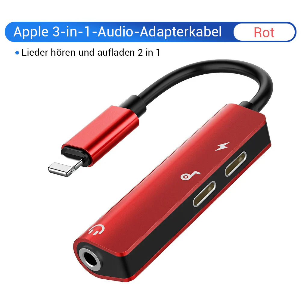 Premium 3-in-1 8-Pin zu 3,5mm Jack AUX Kabel mit Beleuchtung - Ladeadapter, Kopfhörersplitter, Konverter für Apple iPhone 15/14/13/12