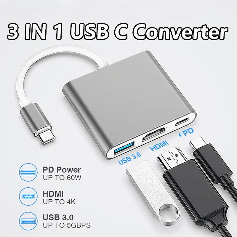 3-in-1 USB-C Hub: Type-C to HDMI Splitter, High-Quality USB 3.0 Docking Station for MacBook Air/Pro/M3/M2/M1: 16,14,13-inch | 2024/2023/2022/2020 Series - USB-C to HDMI Hub