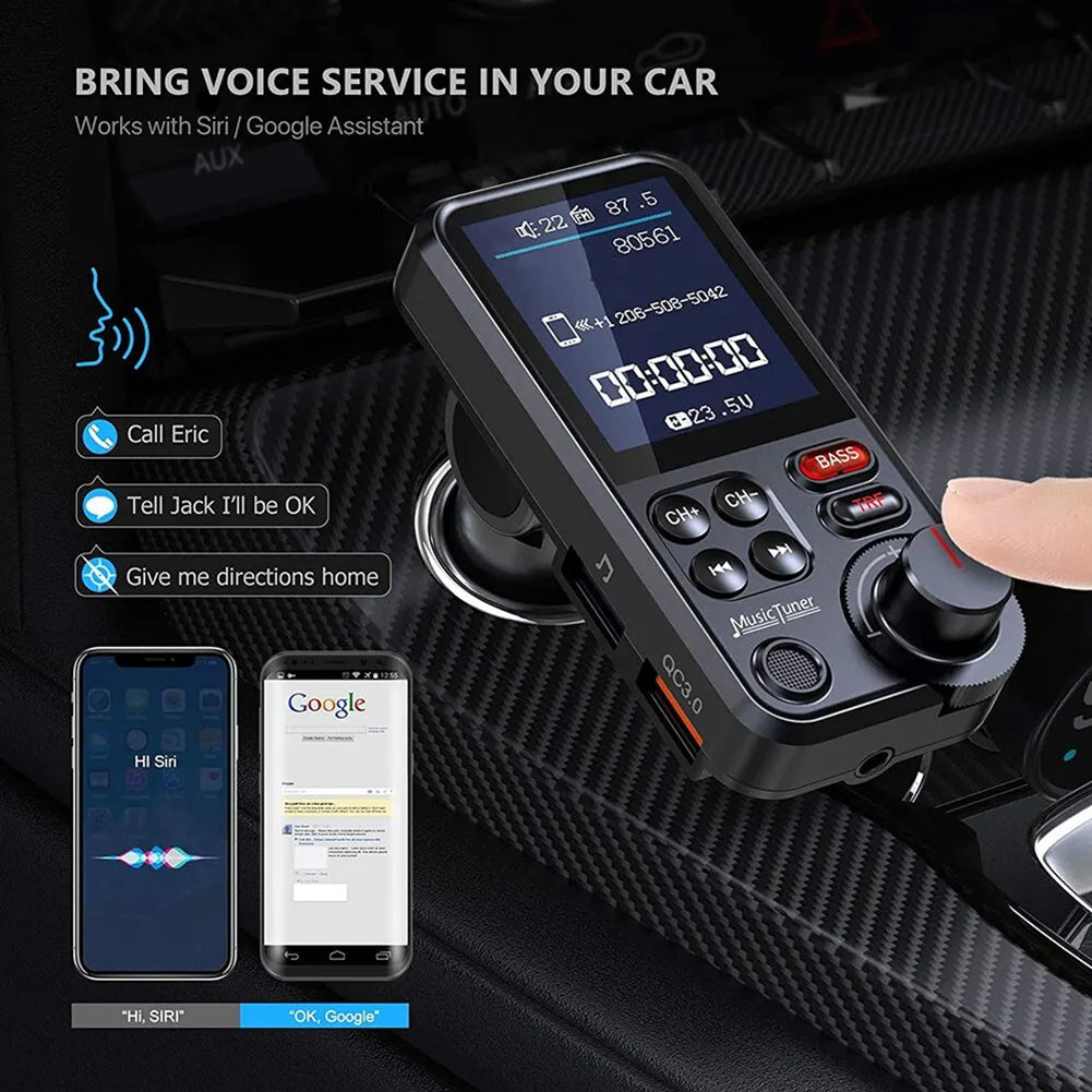 Premium Auto-USB Handy Ladegerät & Bluetooth-FM-Transmitter | Unterstützt QC 3.0-Ladung, Klangregelung, Musikspieler für Treble und Bass Smartphones, Apple iPhone, Samsung, iOS & Android