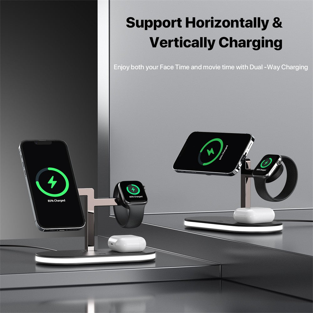 Premium 3-in-1 LED Schnellladestation | Multifunktional Kabelloses Ladegerät Fast Wireless Charging Station Dockingstation für Smartphones, Apple iPhone, Samsung, iOS & Android | Phone/Tablet Ständer & Halter