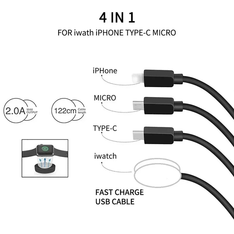 4-in-2 Premium USB-Lade-Datenkabel für Smartphones, Apple iPhone, Samsung, iOS & Android | iWatch Typ-C Schnell-Ladekabel von hoher Qualität