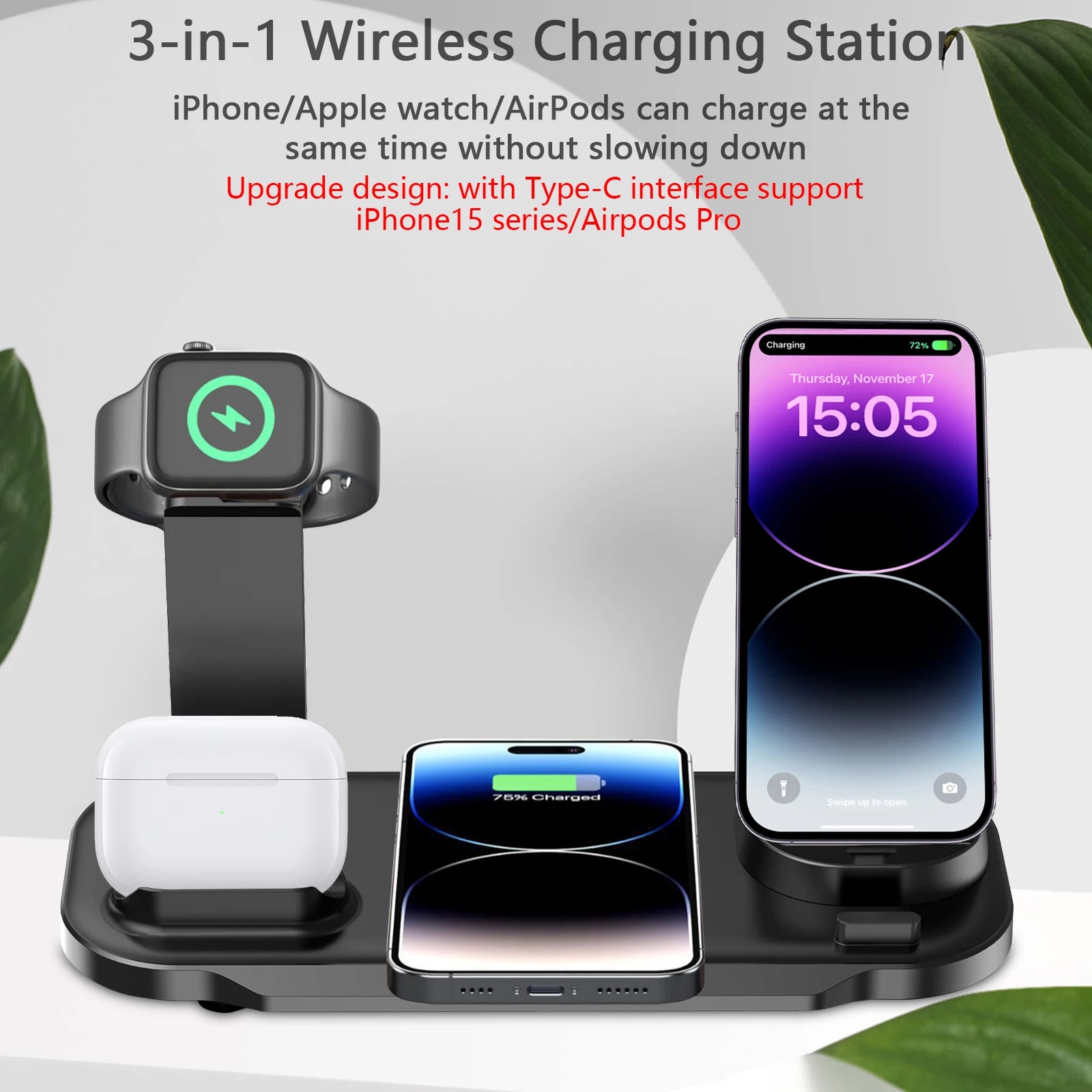 Premium 3-in-1 LED Schnellladestation | Multifunktional Kabelloses Ladegerät Fast Wireless Charging Station Dockingstation für Smartphones, Apple iPhone, Samsung, iOS & Android | Phone/Tablet Ständer & Halter