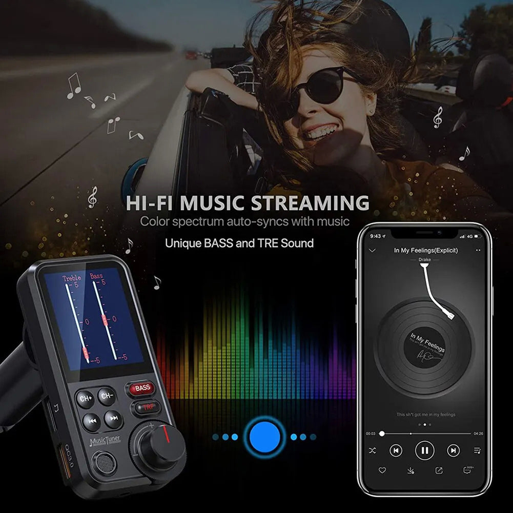 Premium Auto-USB Handy Ladegerät & Bluetooth-FM-Transmitter | Unterstützt QC 3.0-Ladung, Klangregelung, Musikspieler für Treble und Bass Smartphones, Apple iPhone, Samsung, iOS & Android