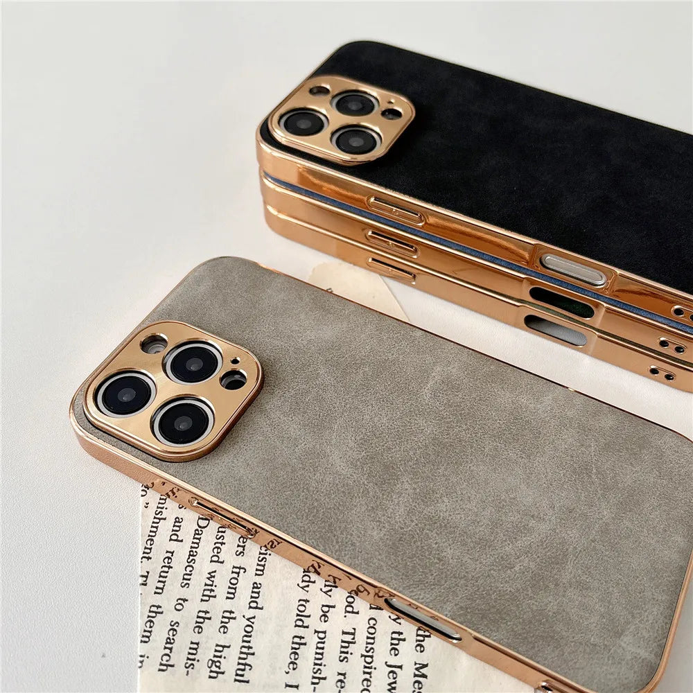 Leather Premium MagSafe Apple iPhone Case with Electroplated Frame | Golden Frame Case, Camera Protection - Protective Cover for iPhone 16/15/14/13/12 Pro Max Plus Mini