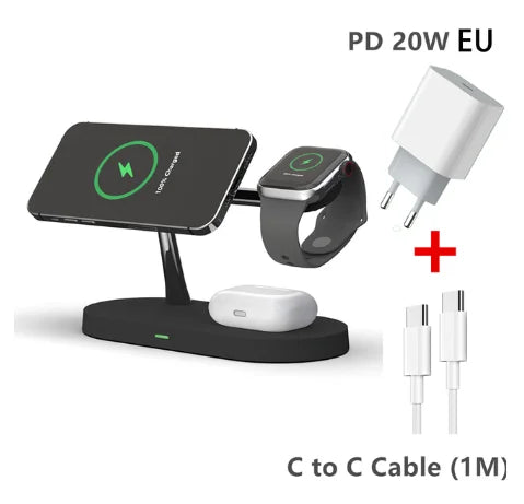 5-in-1 Magnetischer Kabelloser Ladeständer für Smartphones, Apple iPhone, Samsung, iOS & Android Apple Watch 9/8/7, AirPods | Schnelle Wireless-Charging-Dockingstation